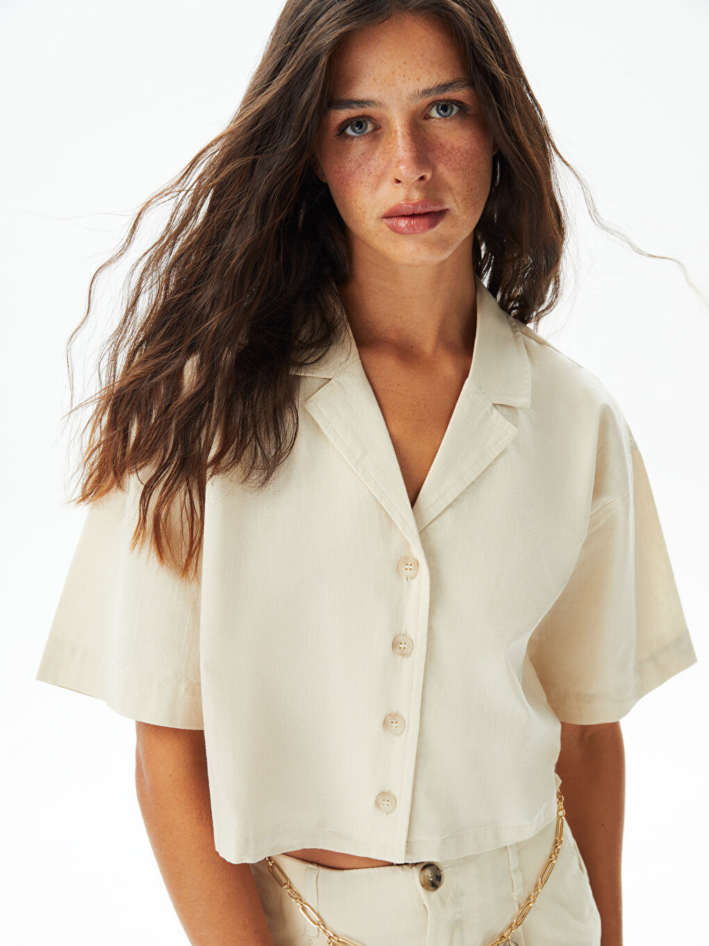 Plain Short Sleeve Crop Linen Blend Women's Shirt -S3FU36Z8-RFC