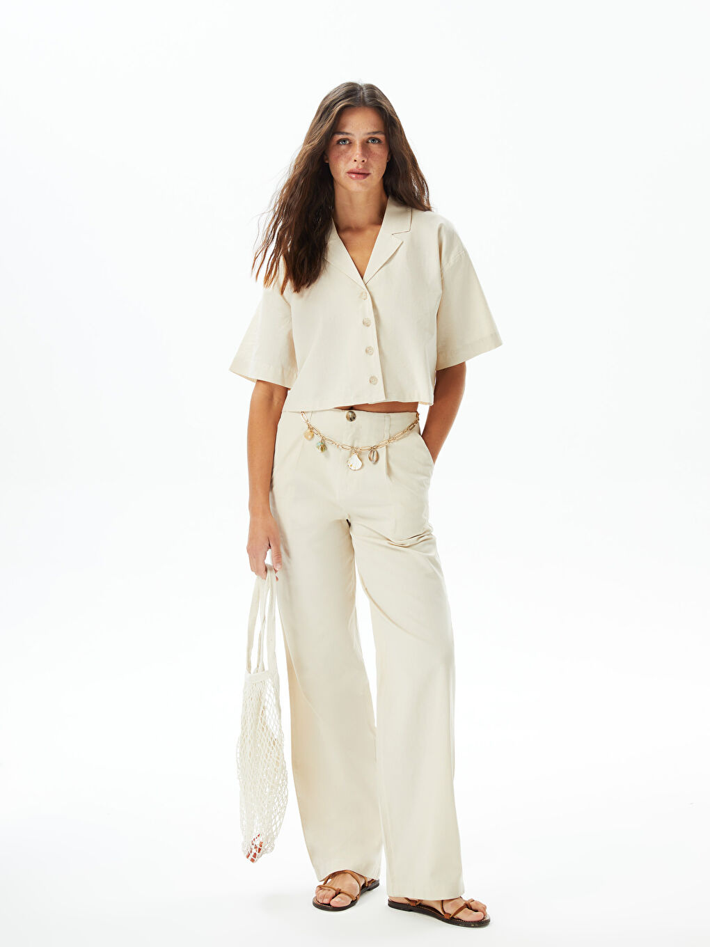Plain Short Sleeve Crop Linen Blend Women's Shirt -S3FU36Z8-RFC