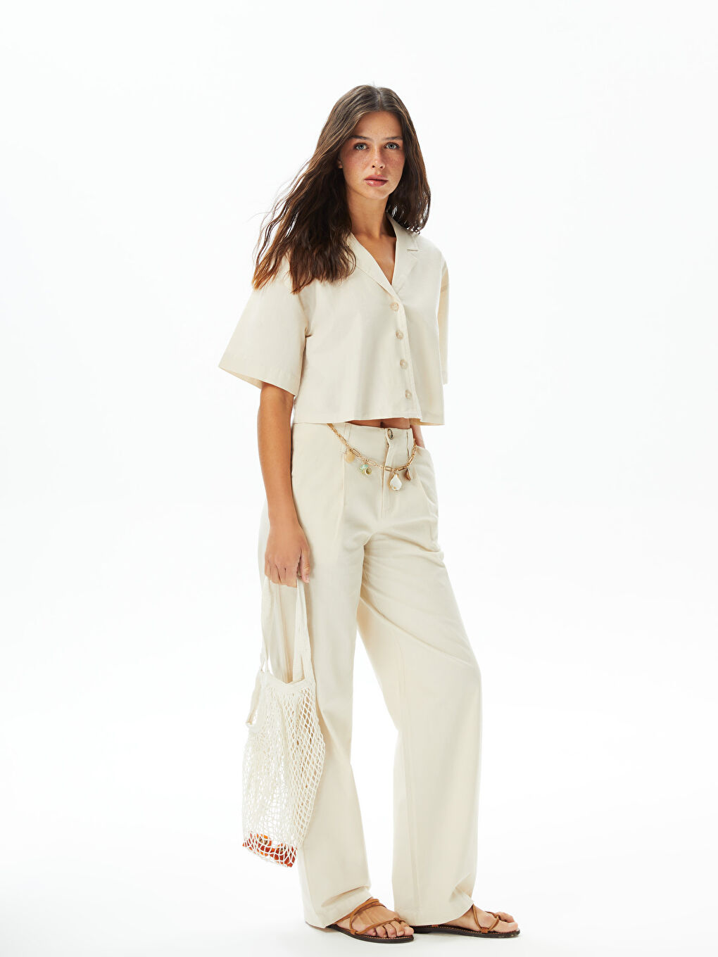 Plain Short Sleeve Crop Linen Blend Women's Shirt -S3FU36Z8-RFC