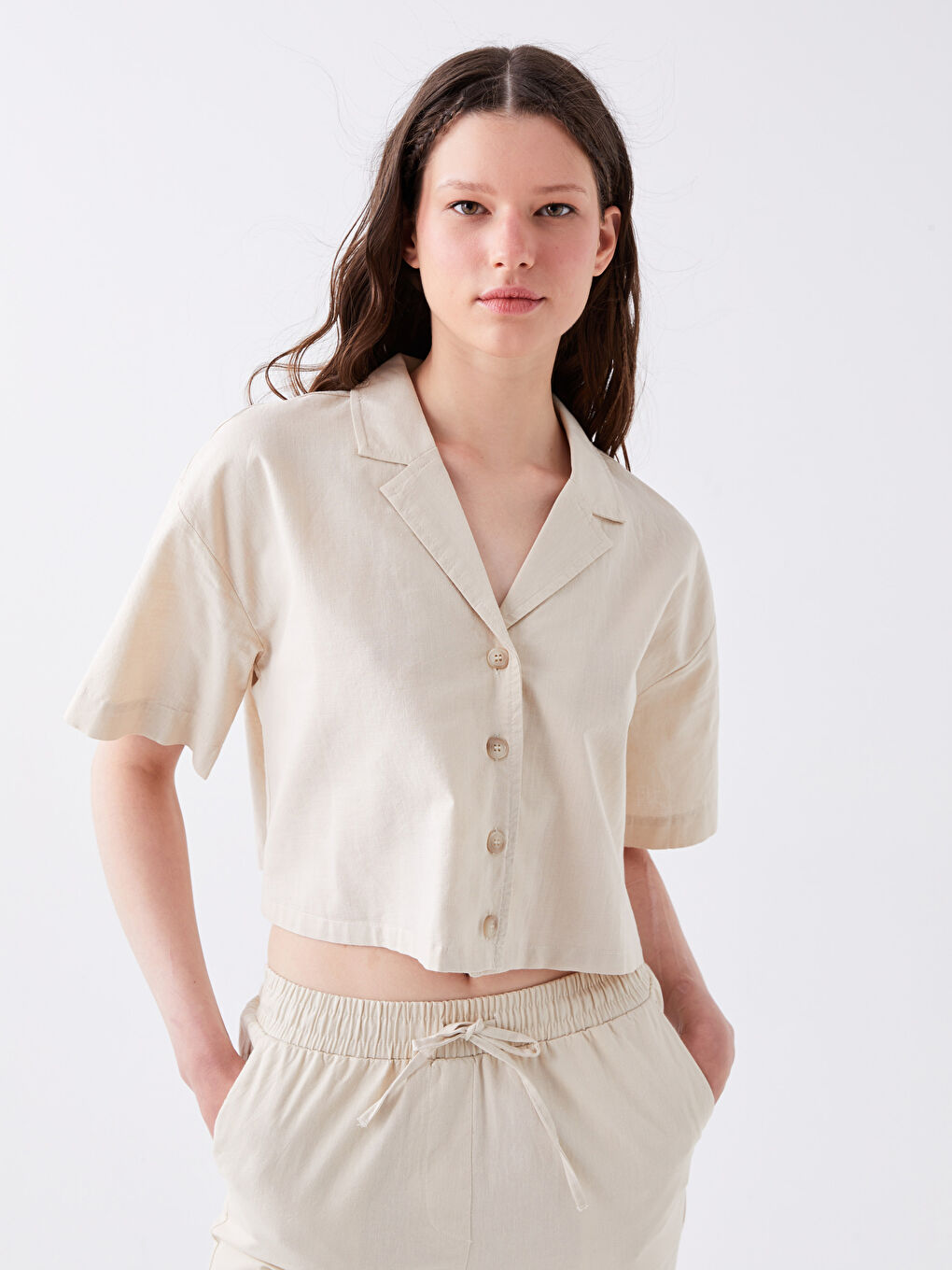 Plain Short Sleeve Crop Linen Blend Women's Shirt -S3FU36Z8-RFC