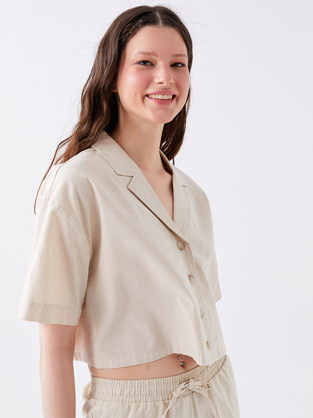Plain Short Sleeve Crop Linen Blend Women's Shirt -S3FU36Z8-RFC