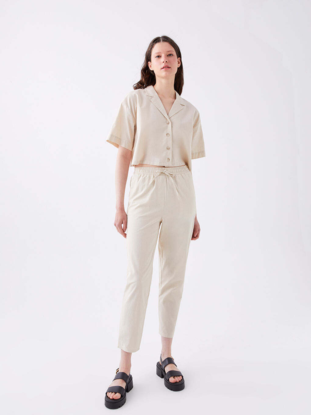 Plain Short Sleeve Crop Linen Blend Women's Shirt -S3FU36Z8-RFC