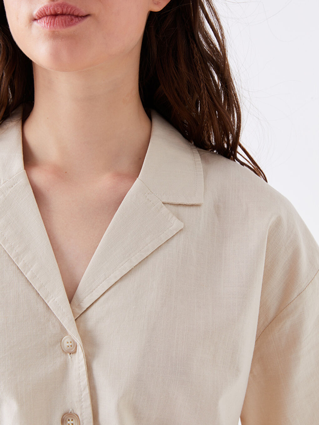 Plain Short Sleeve Crop Linen Blend Women's Shirt -S3FU36Z8-RFC