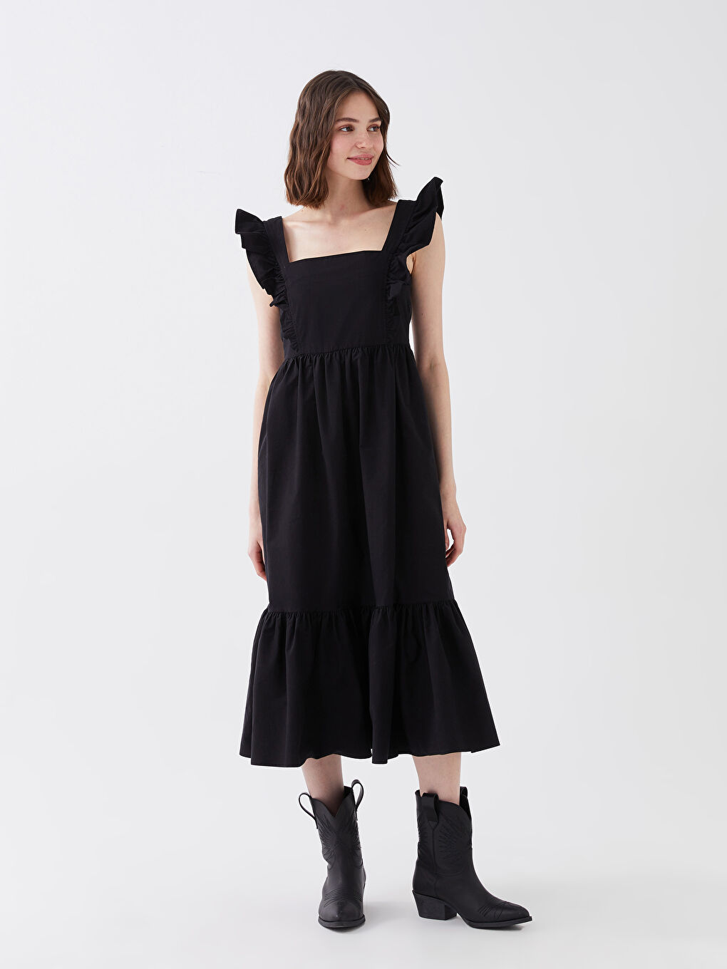 Square Collar Strap Women's Poplin Dress-1