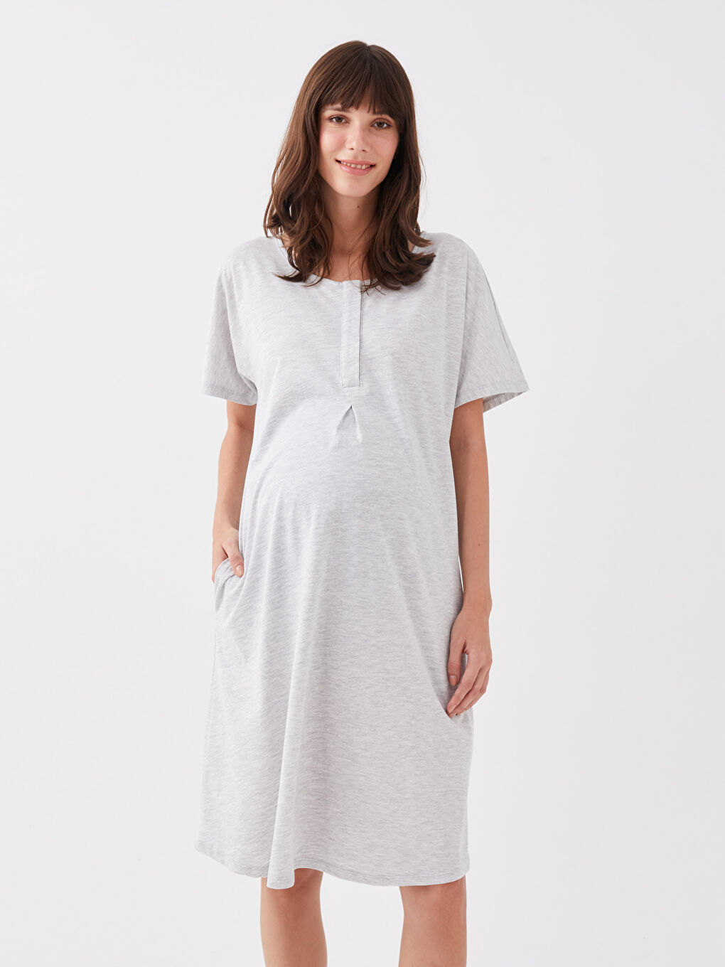 Gri Bisiklet Yaka Düz Kısa Kollu Hamile Gecelik