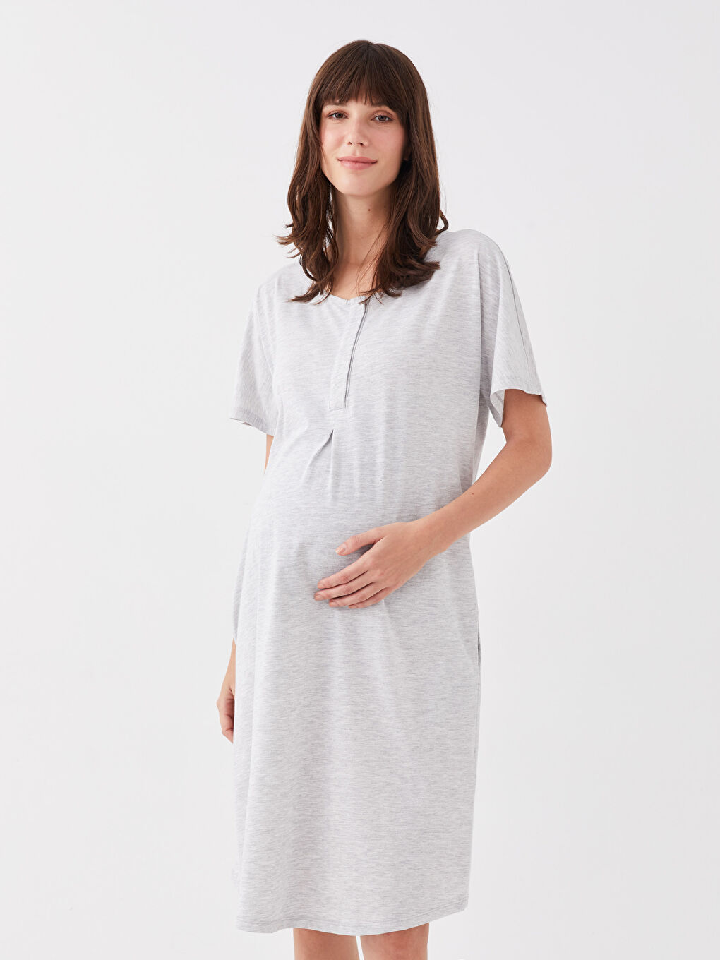 Gri Bisiklet Yaka Düz Kısa Kollu Hamile Gecelik-1