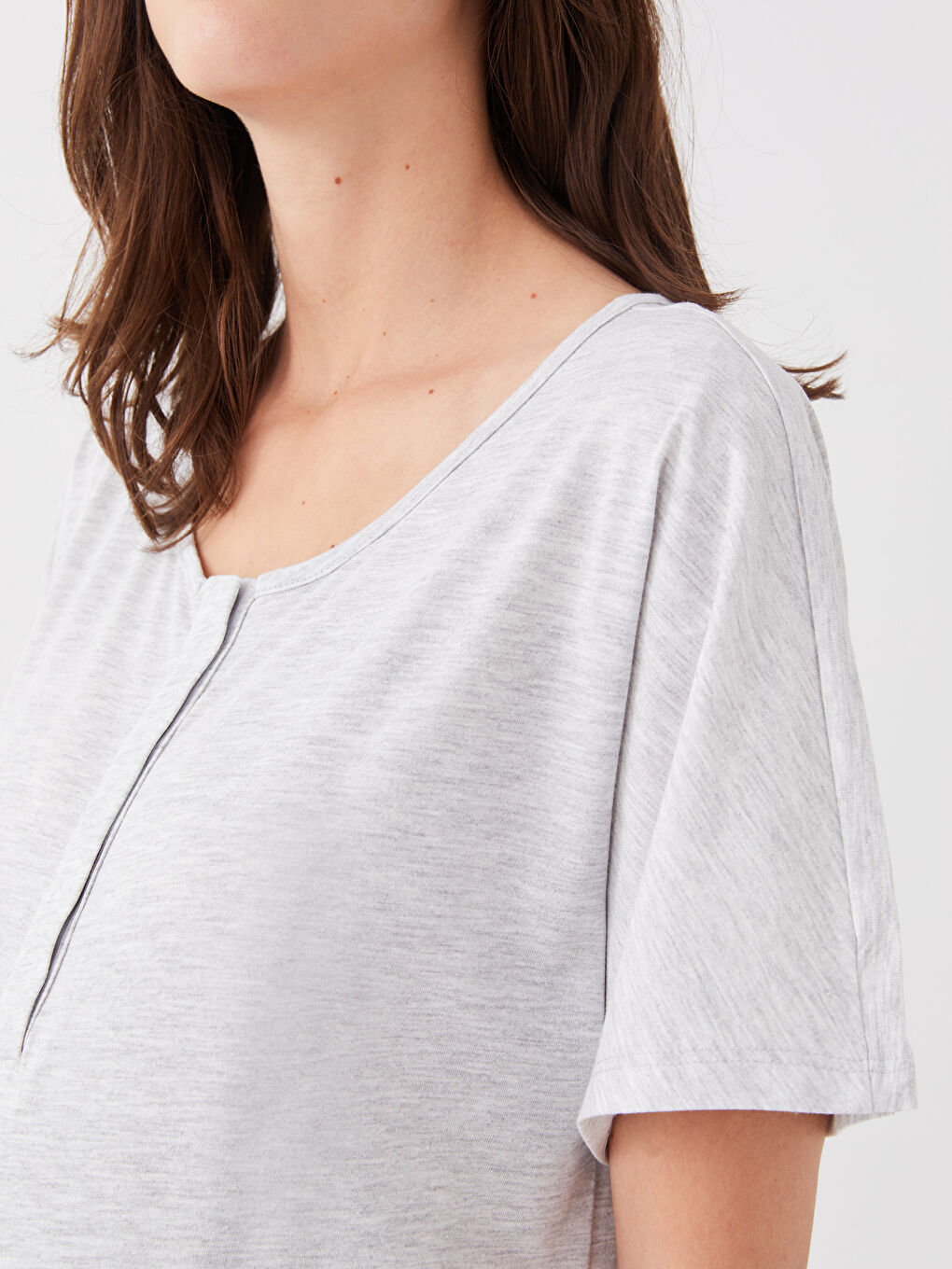 Gri Bisiklet Yaka Düz Kısa Kollu Hamile Gecelik-3