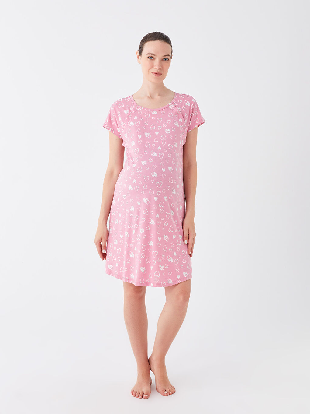 Pembe Bisiklet Yaka Desenli Kısa Kollu Hamile Gecelik