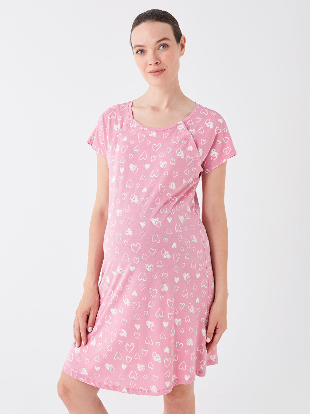 Pembe Bisiklet Yaka Desenli Kısa Kollu Hamile Gecelik-1