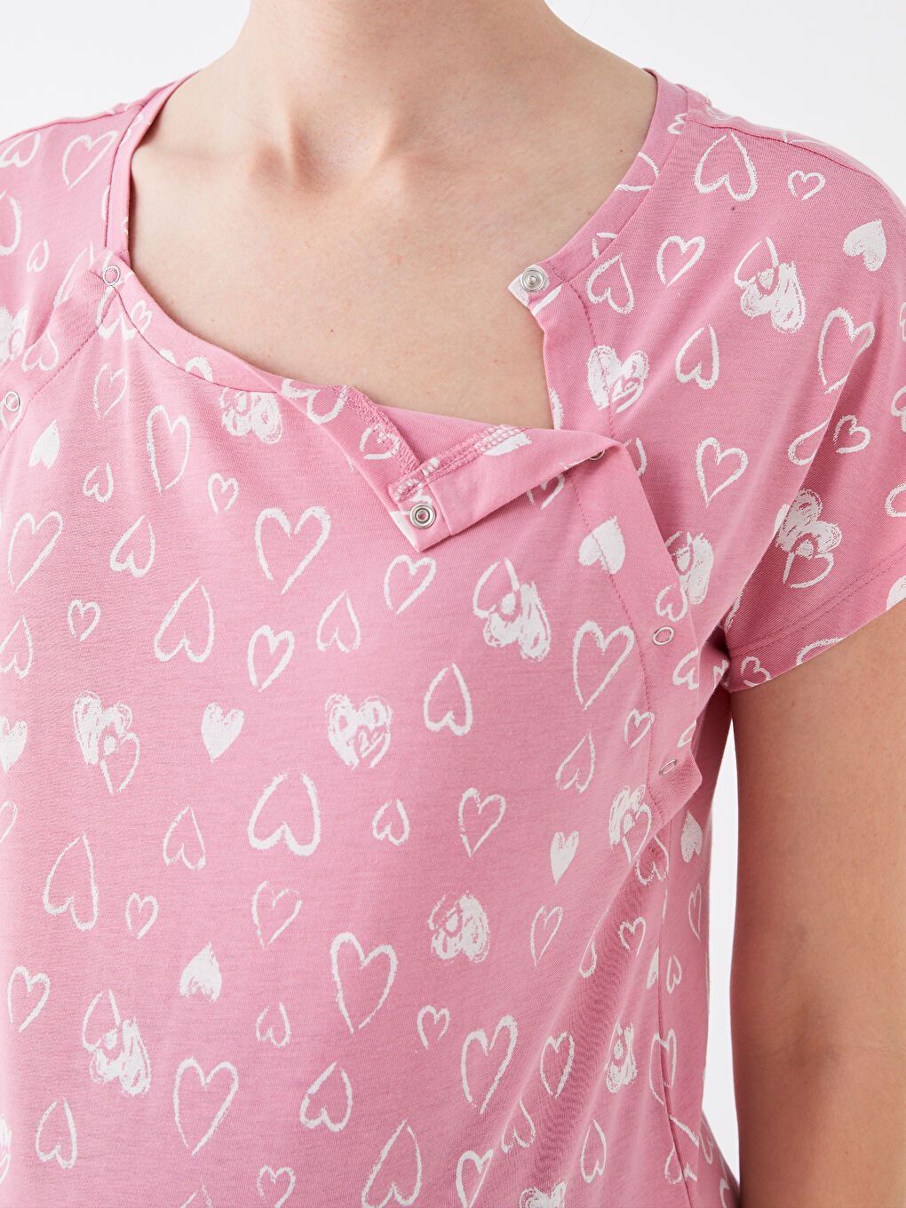 Pembe Bisiklet Yaka Desenli Kısa Kollu Hamile Gecelik-2