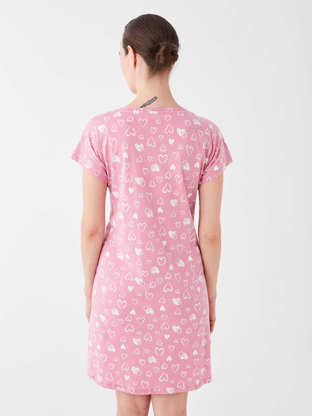 Pembe Bisiklet Yaka Desenli Kısa Kollu Hamile Gecelik-3