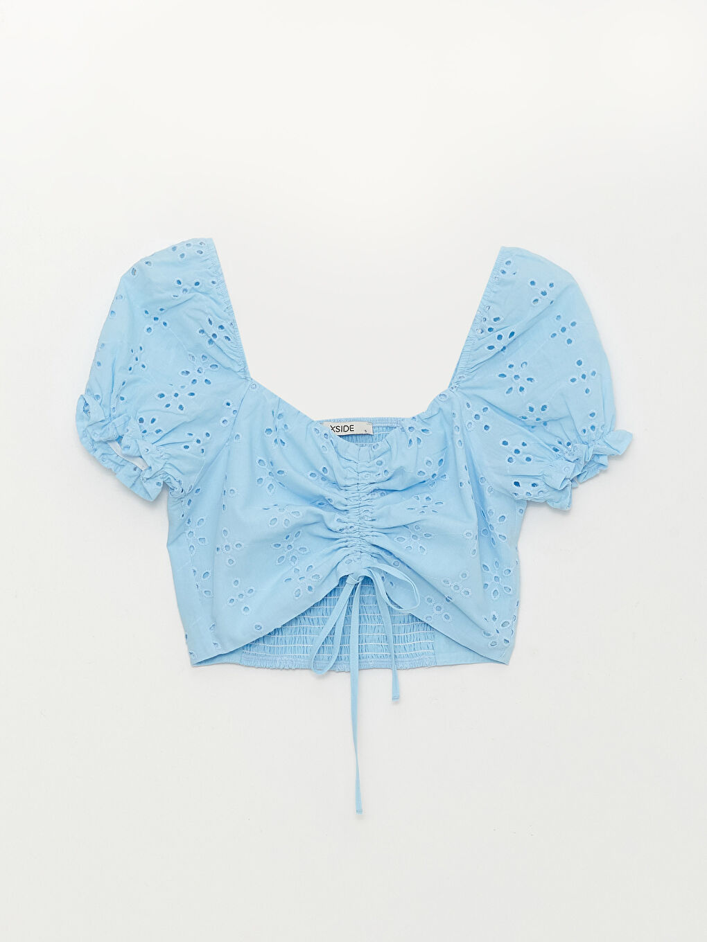 Mavi Kalp Yaka Kendinden Desenli Kısa Kollu Crop Brode Kadın Bluz-5