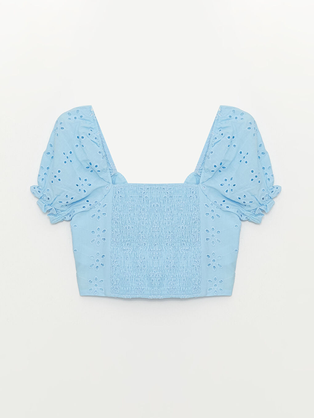 Mavi Kalp Yaka Kendinden Desenli Kısa Kollu Crop Brode Kadın Bluz-6