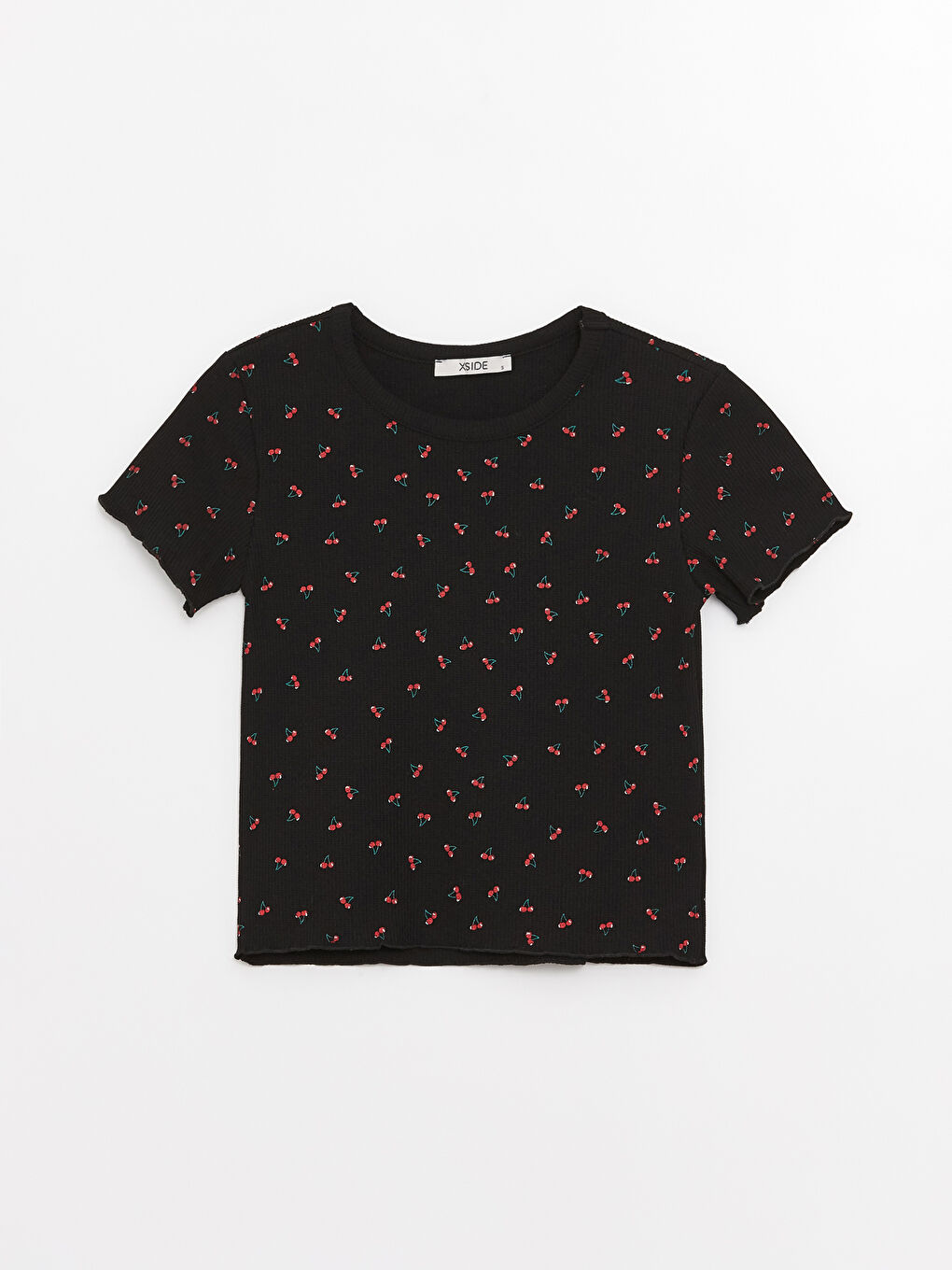 Siyah Bisiklet Yaka Desenli Kısa Kollu Kadın Crop-5