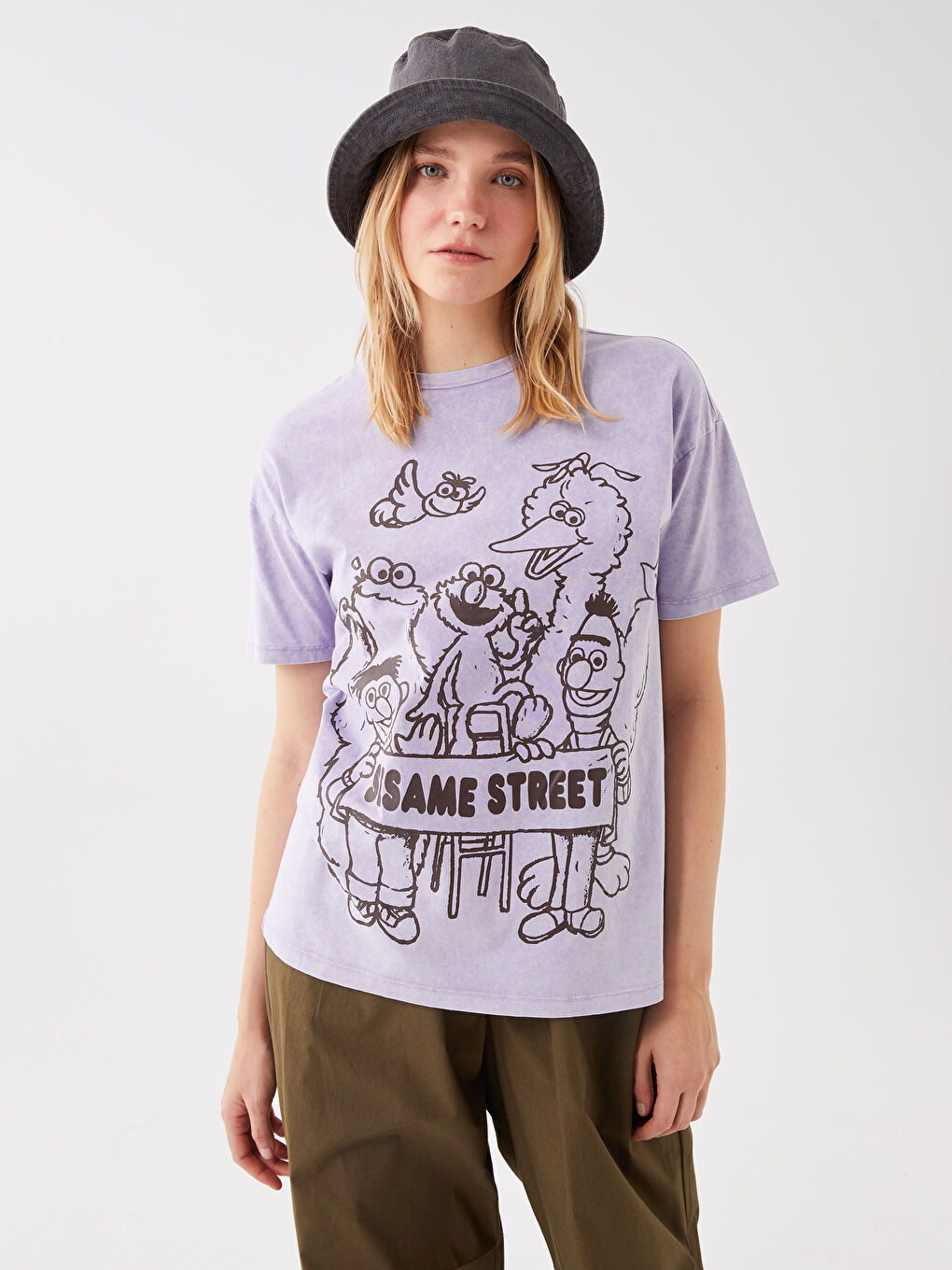 Round Neck Sesame Street Printed Short Sleeve Women's T-Shirt -S3FU78Z8-KYF