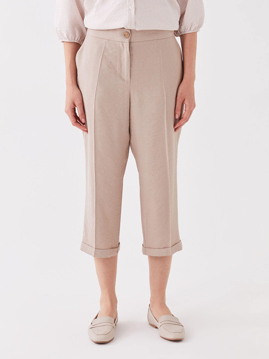 Bej Rahat Kalıp Keten Görünümlü Kadın Kapri-2