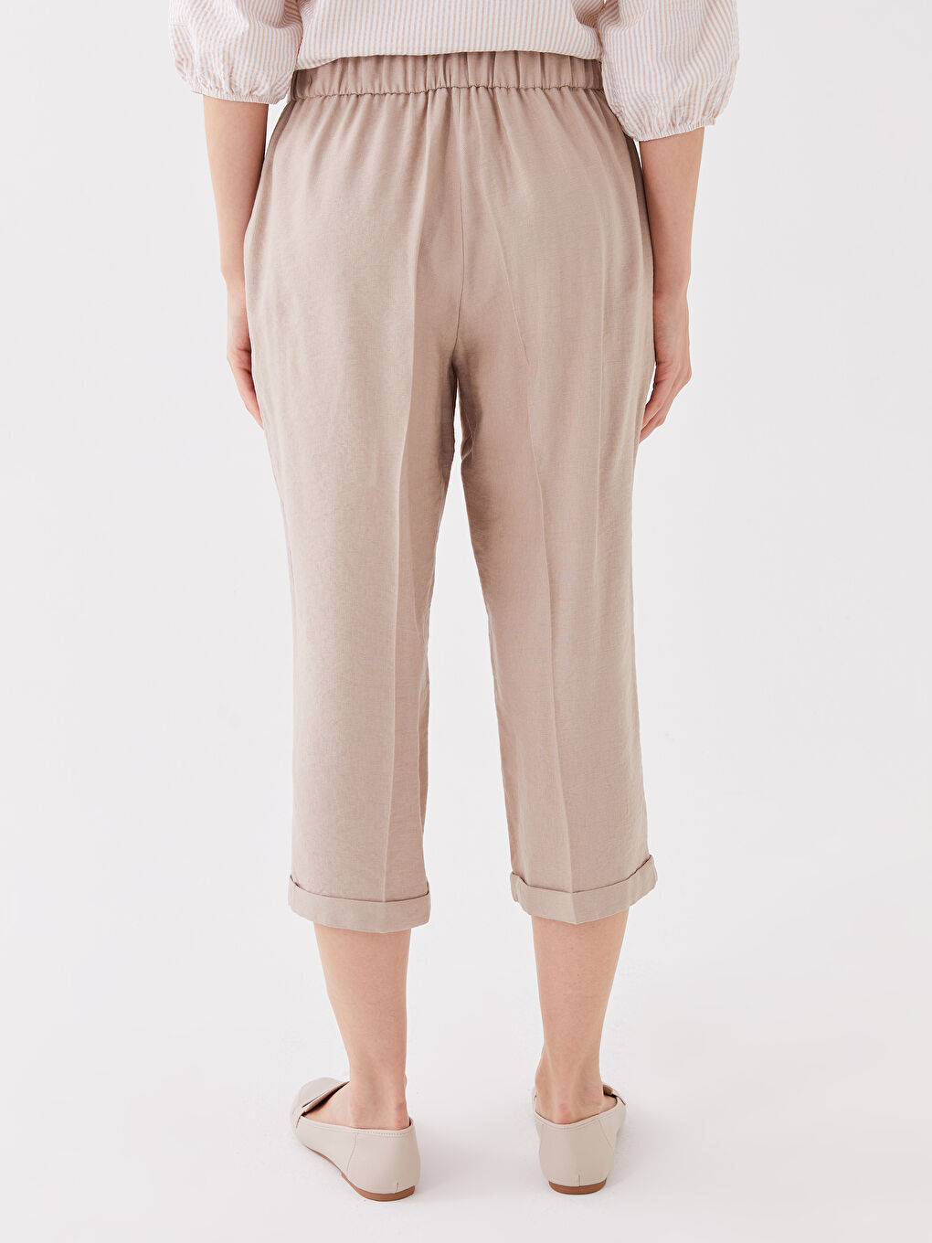 Bej Rahat Kalıp Keten Görünümlü Kadın Kapri-3