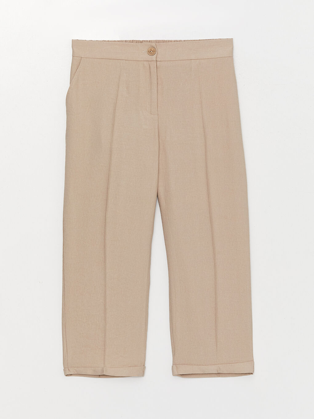 Bej Rahat Kalıp Keten Görünümlü Kadın Kapri-5