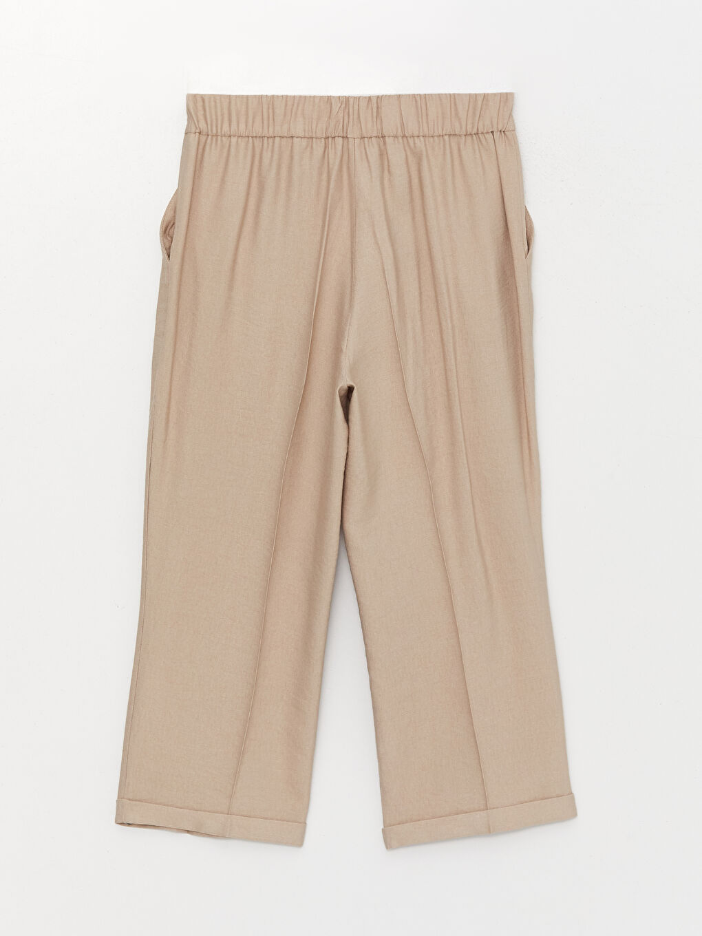 Bej Rahat Kalıp Keten Görünümlü Kadın Kapri-6