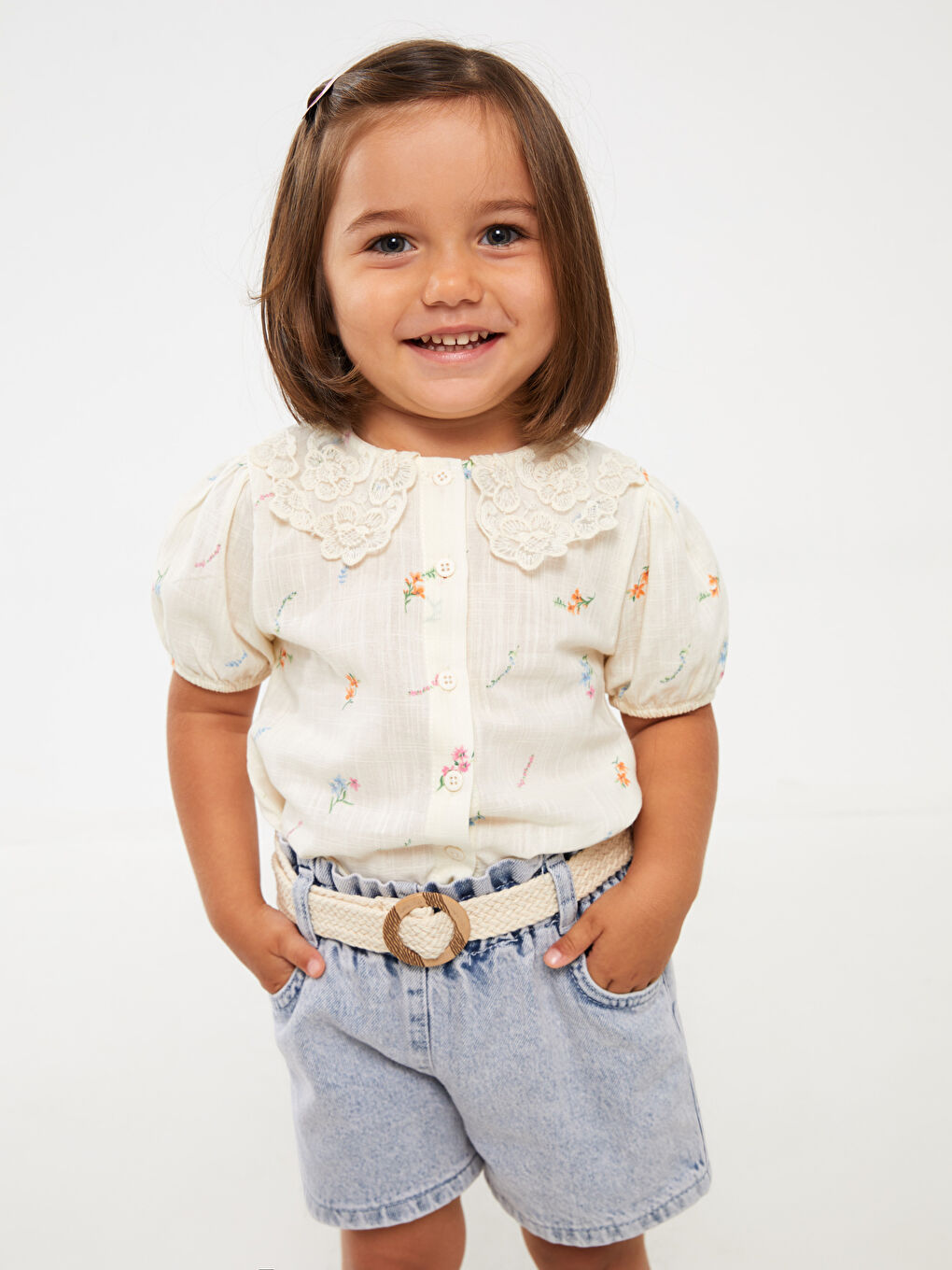 Ekru Bebe Yaka Kısa Kollu Desenli Kız Bebek Gömlek-1