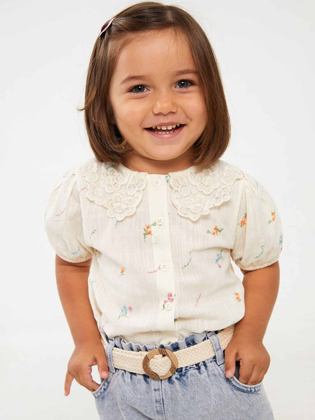 Ekru Bebe Yaka Kısa Kollu Desenli Kız Bebek Gömlek