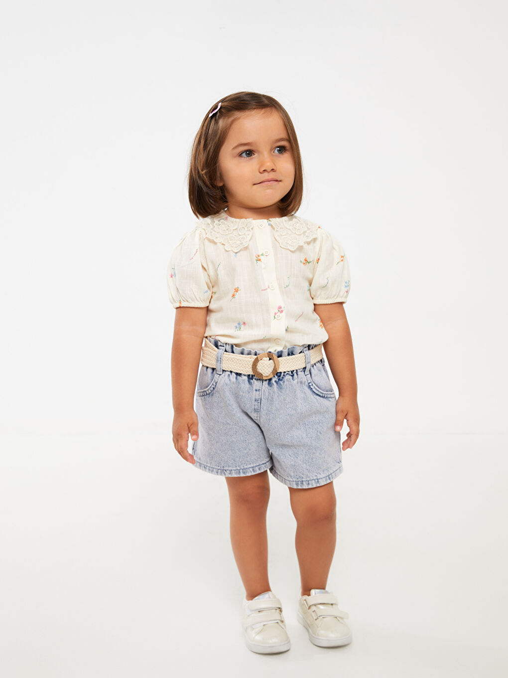 Ekru Bebe Yaka Kısa Kollu Desenli Kız Bebek Gömlek-2