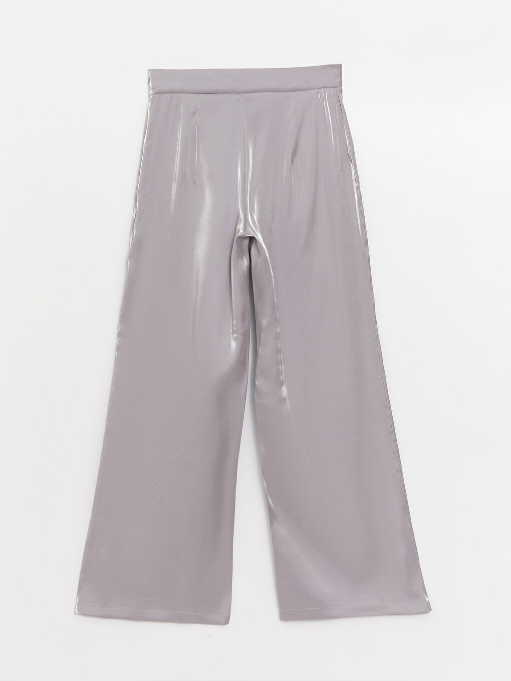 Pantaloni Satin cu Talie cu Fermoar, Picior Drept și Larg pentru Femei-6