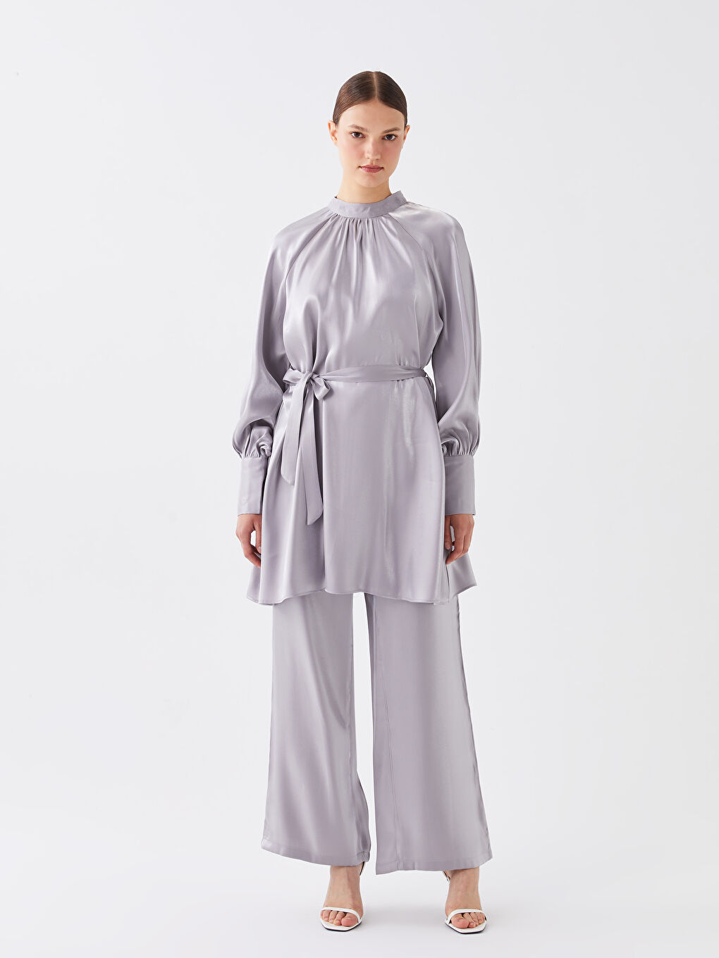 Pantaloni Satin cu Talie cu Fermoar, Picior Drept și Larg pentru Femei