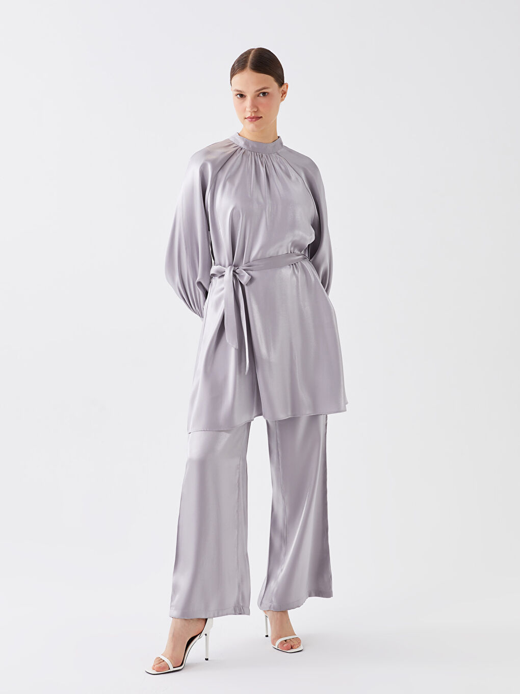 Pantaloni Satin cu Talie cu Fermoar, Picior Drept și Larg pentru Femei-1