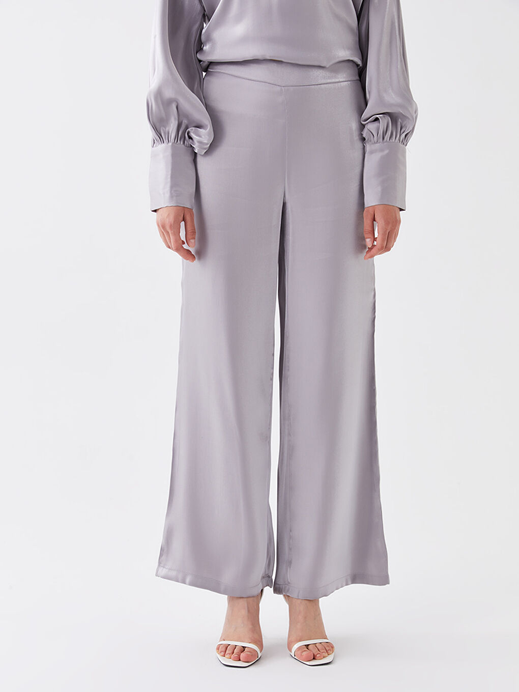 Pantaloni Satin cu Talie cu Fermoar, Picior Drept și Larg pentru Femei-2