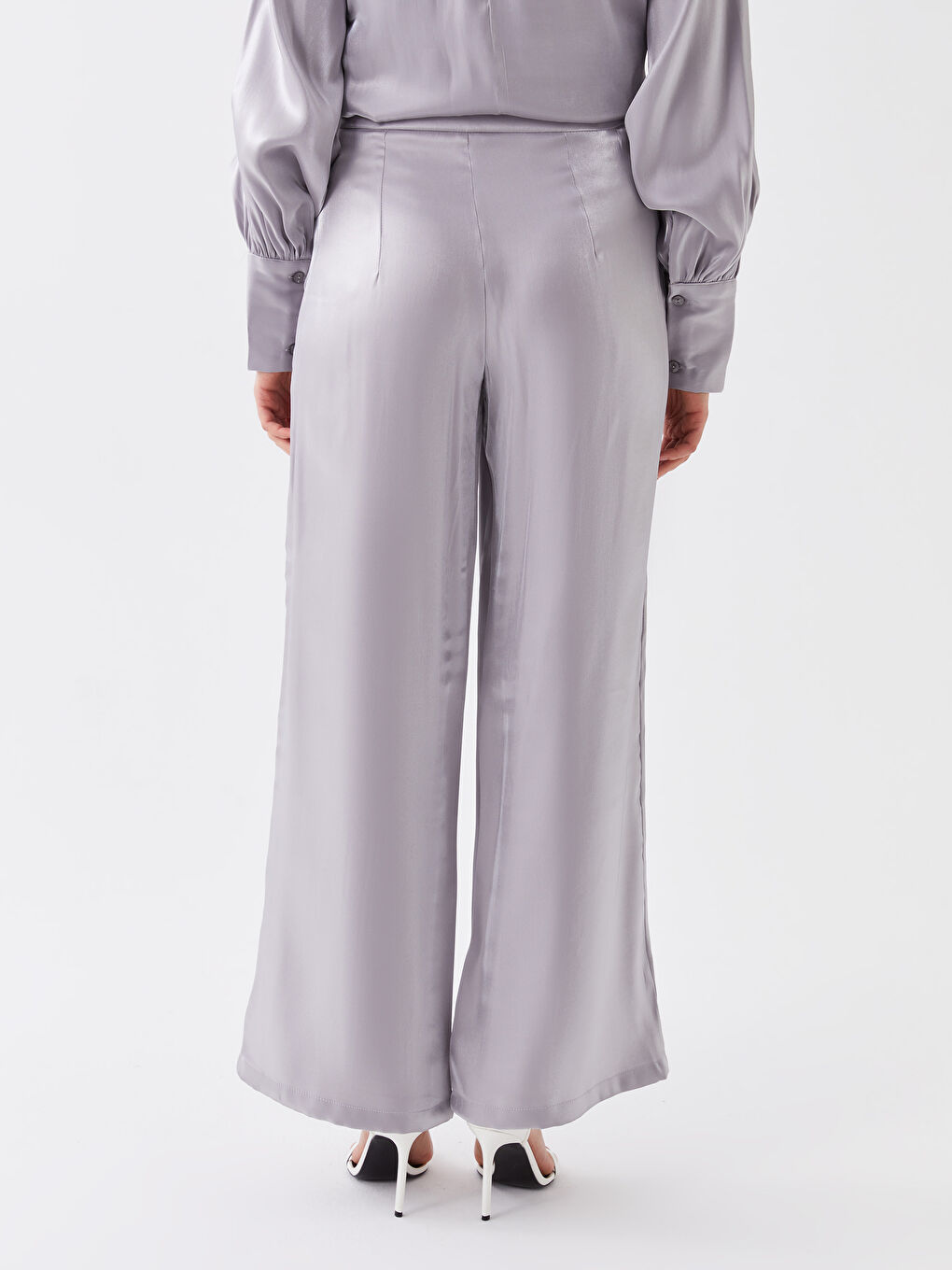 Pantaloni Satin cu Talie cu Fermoar, Picior Drept și Larg pentru Femei-3