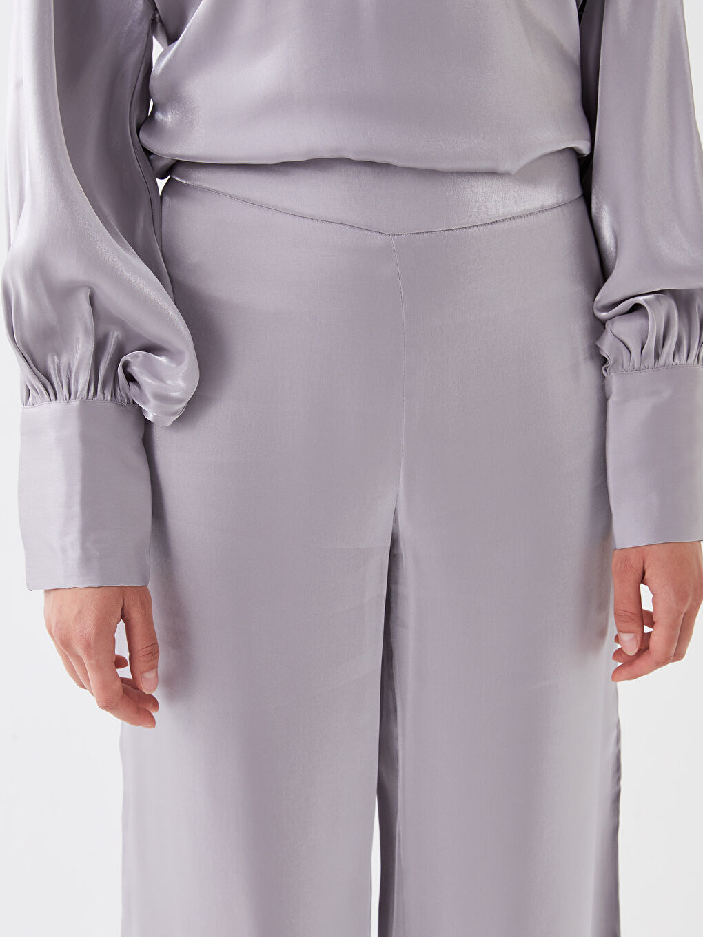 Pantaloni Satin cu Talie cu Fermoar, Picior Drept și Larg pentru Femei-4