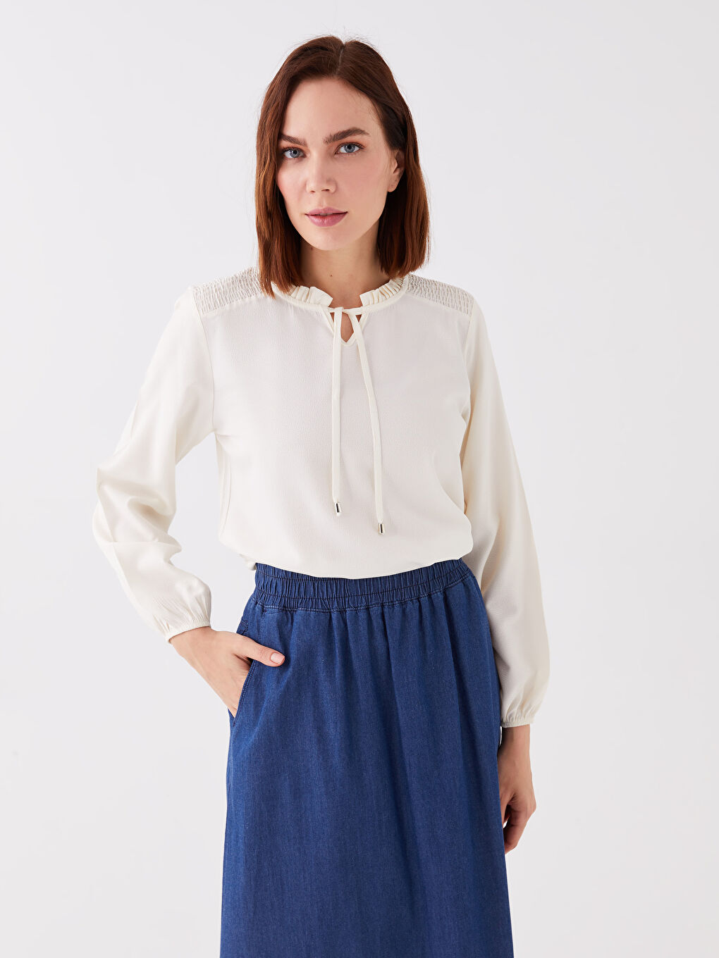 Tie Neck Plain Long Sleeve Women's Blouse