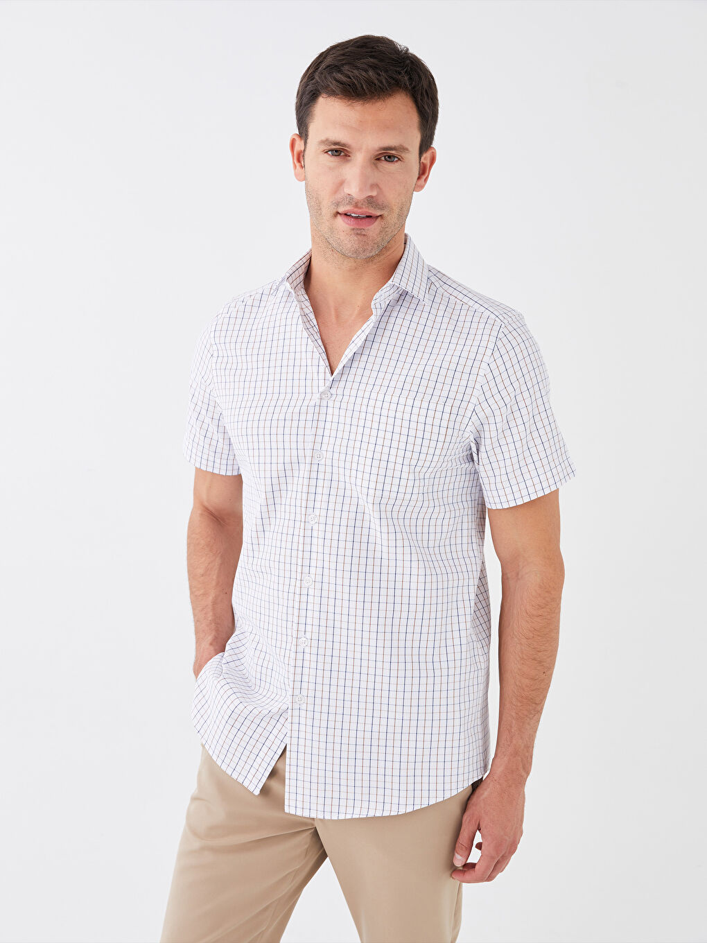 Regular Fit Short Sleeve Plaid Poplin Men's Shirt -S3FY10Z8-LN6
