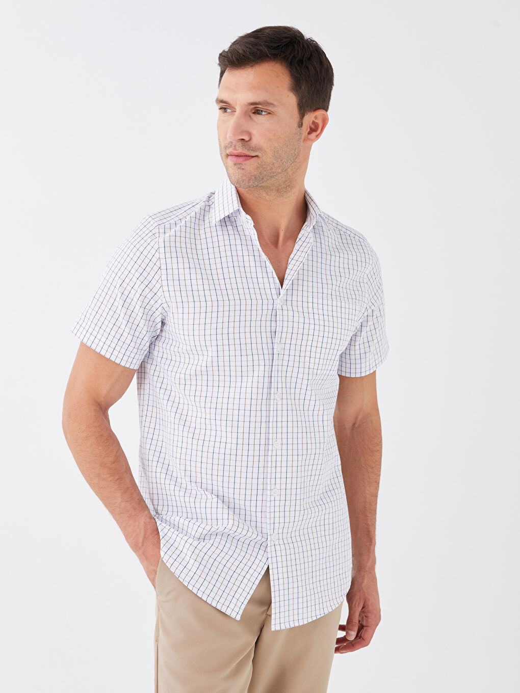 Regular Fit Short Sleeve Plaid Poplin Men's Shirt -S3FY10Z8-LN6
