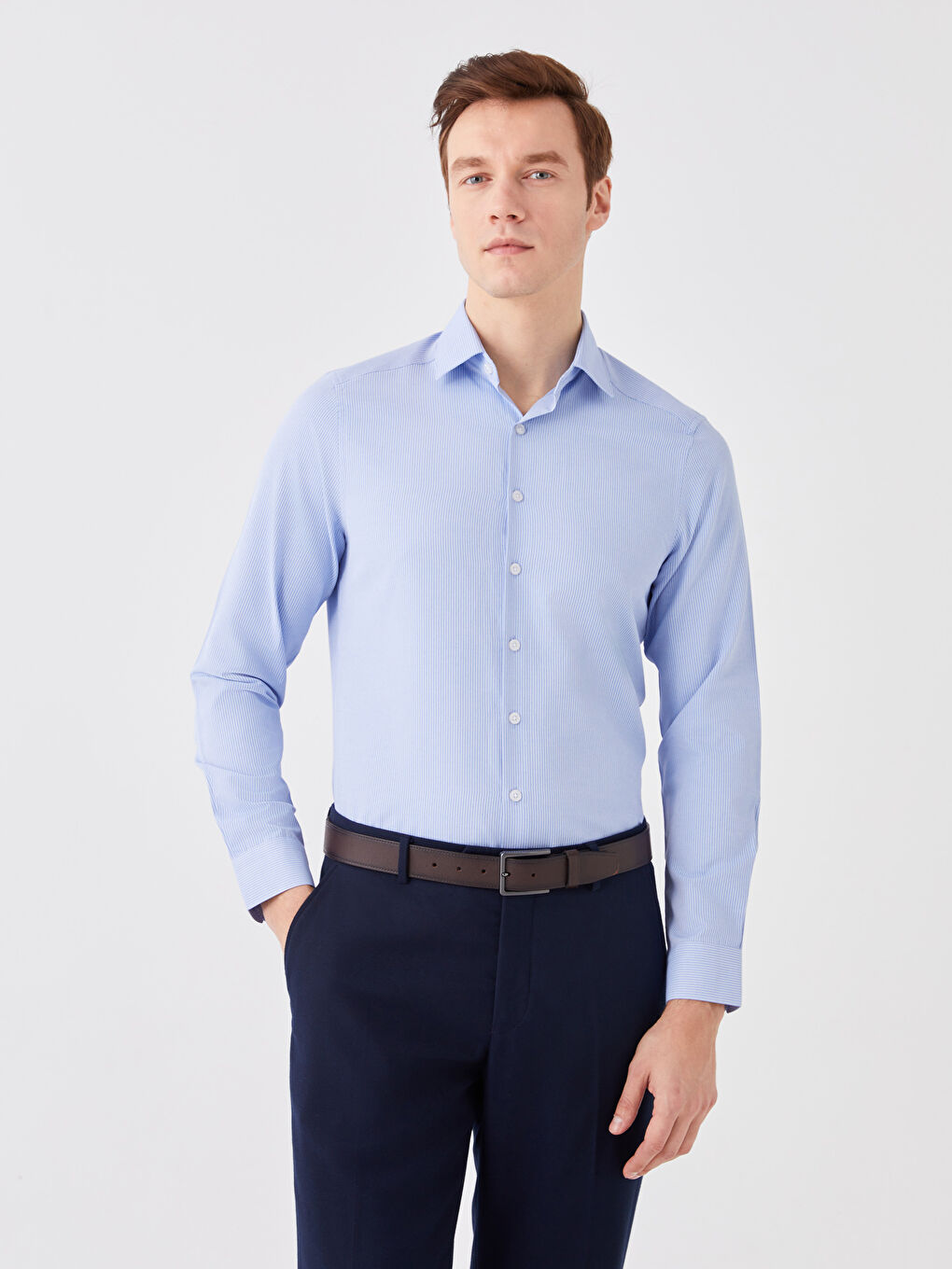 Slim Fit Long Sleeve Striped Twill Men's Shirt-1