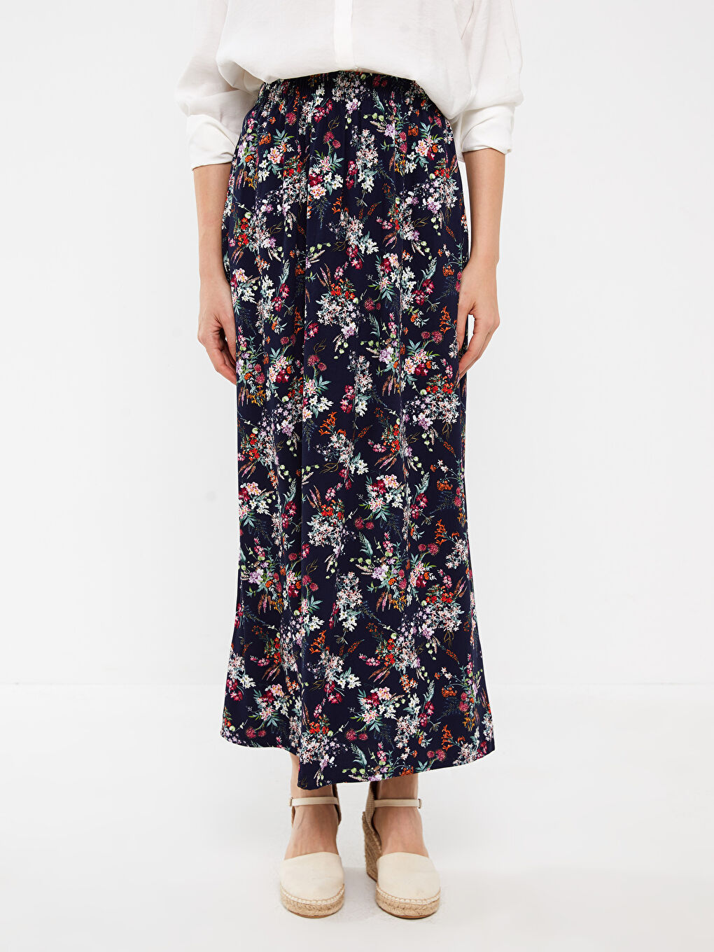 Yeşil Beli Lastikli Desenli A Kesim Kadın Etek-1