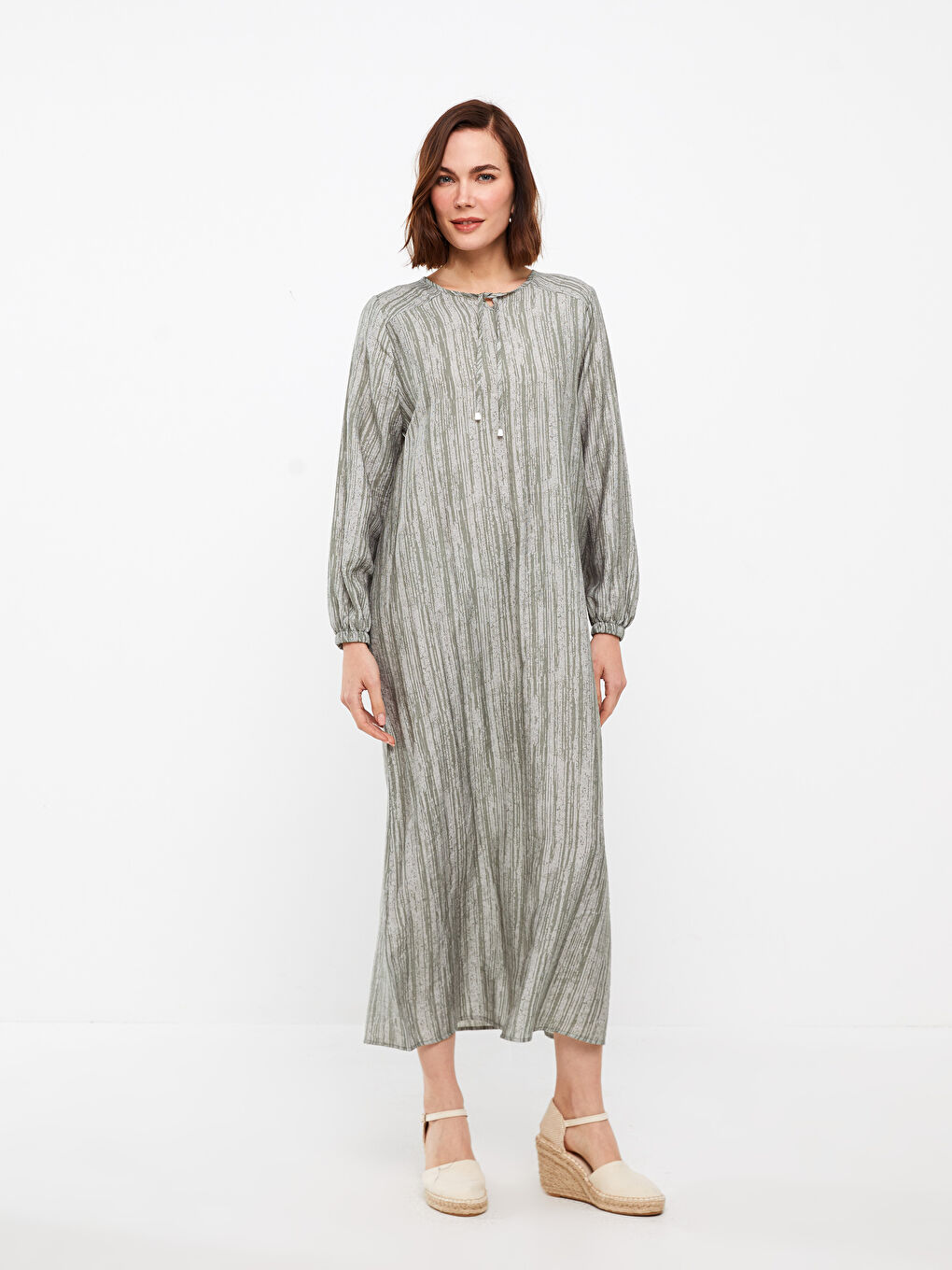 Tie Collar Patterned Long Sleeve Linen Look Women's Dress -S3FY24Z8-LGE