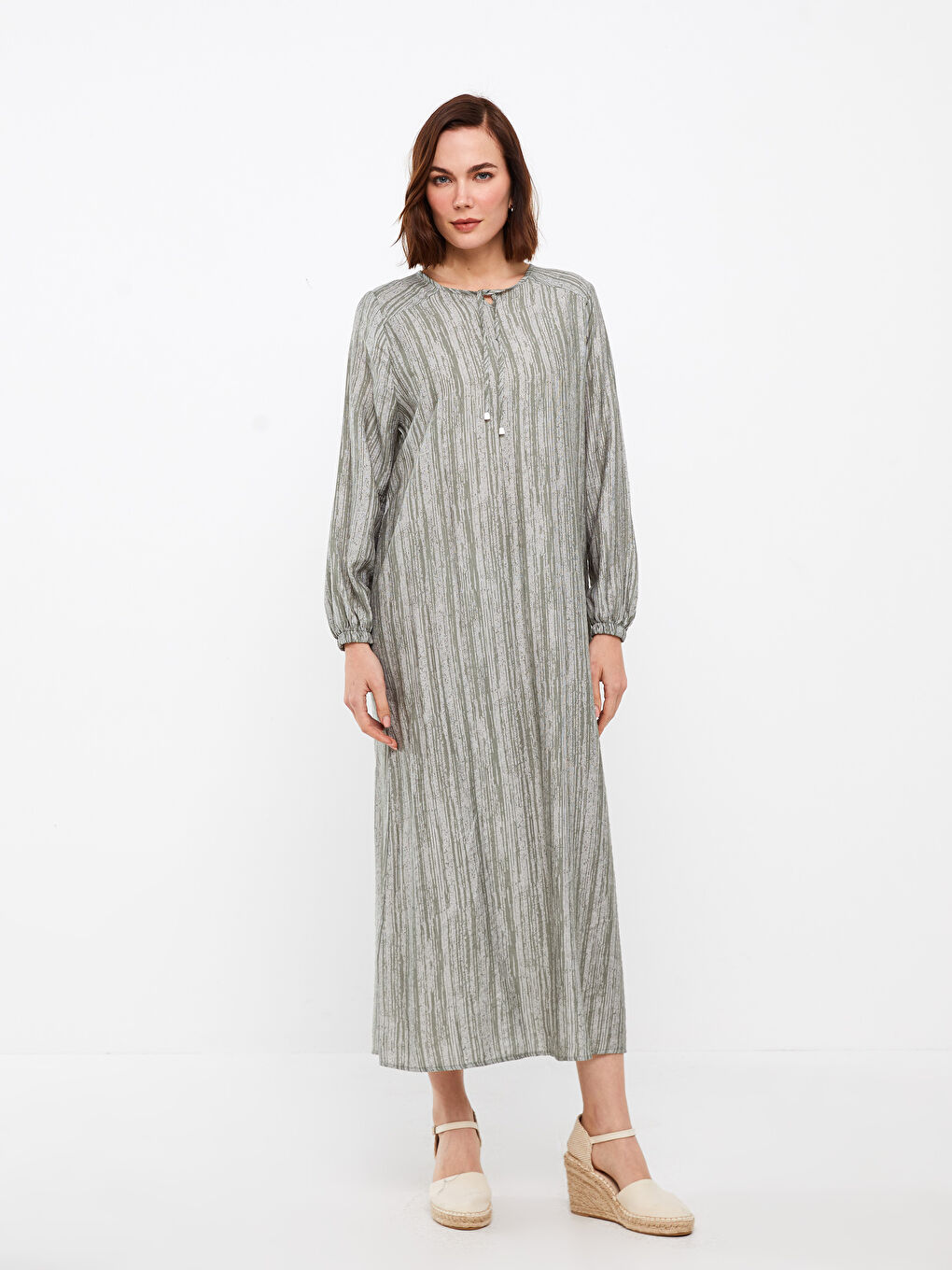 Tie Collar Patterned Long Sleeve Linen Look Women's Dress -S3FY24Z8-LGE