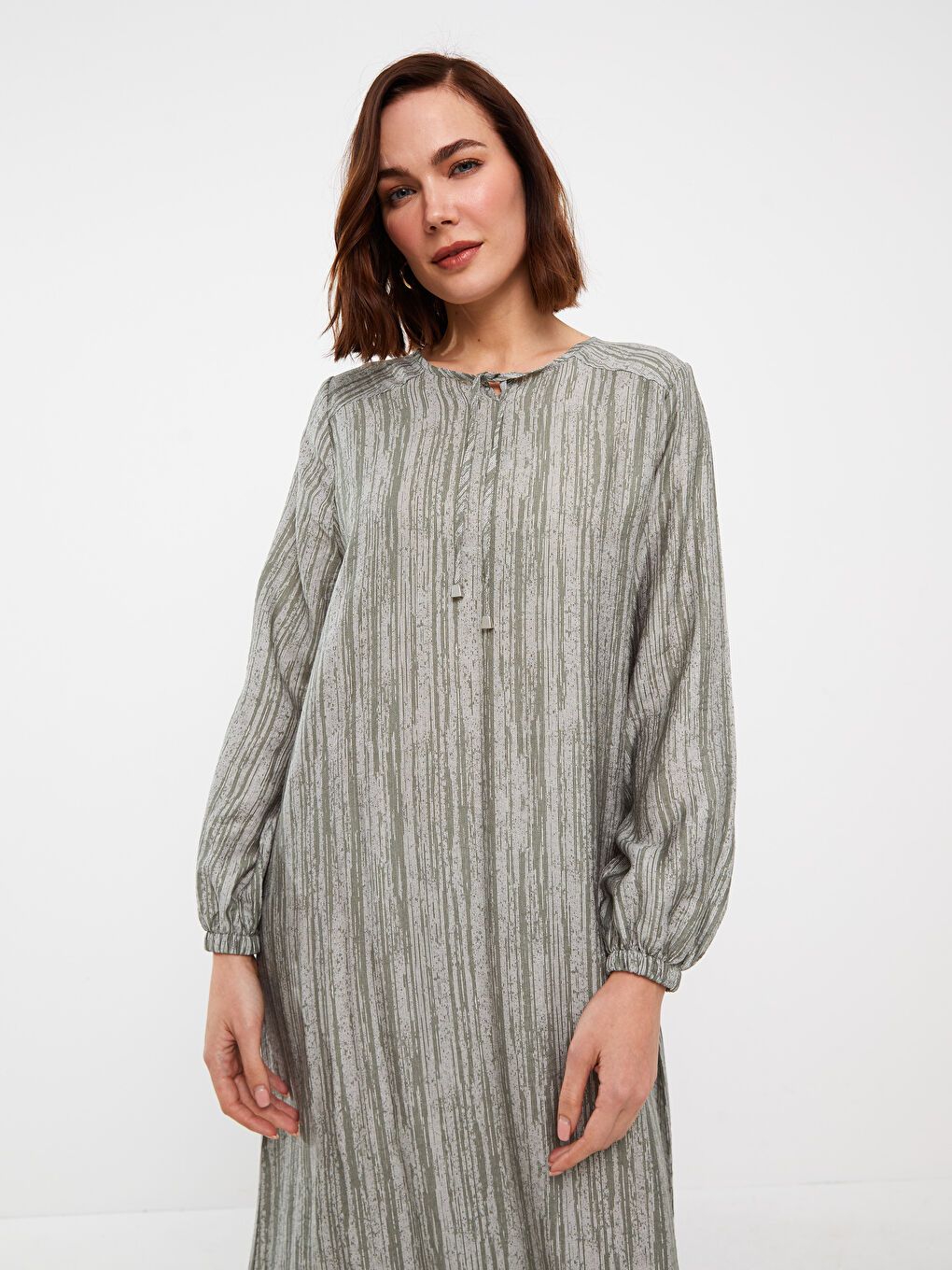 Tie Collar Patterned Long Sleeve Linen Look Women's Dress -S3FY24Z8-LGE