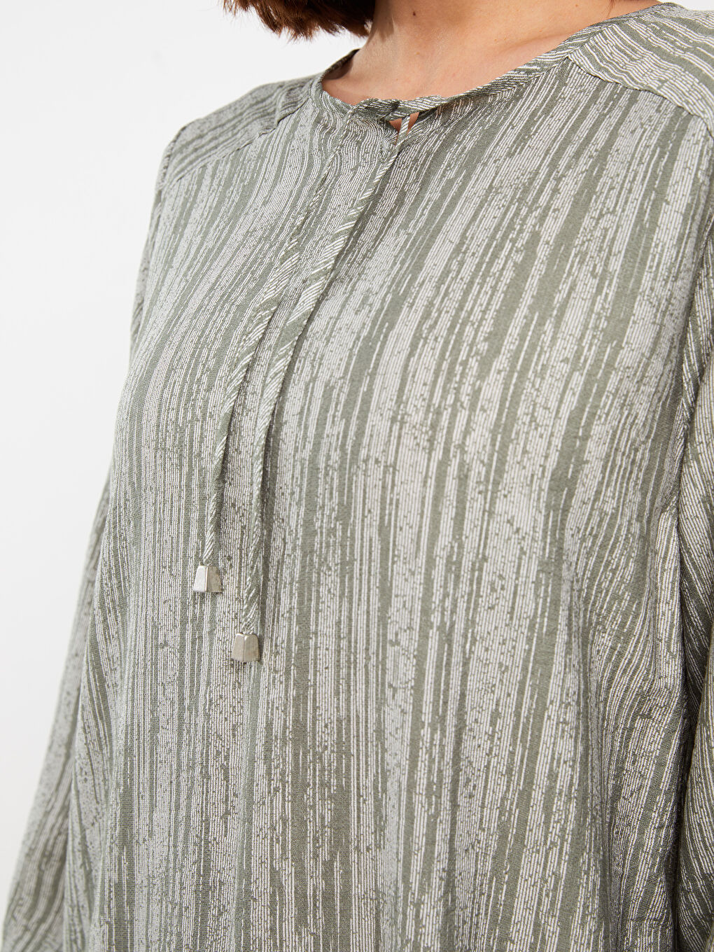 Tie Collar Patterned Long Sleeve Linen Look Women's Dress -S3FY24Z8-LGE