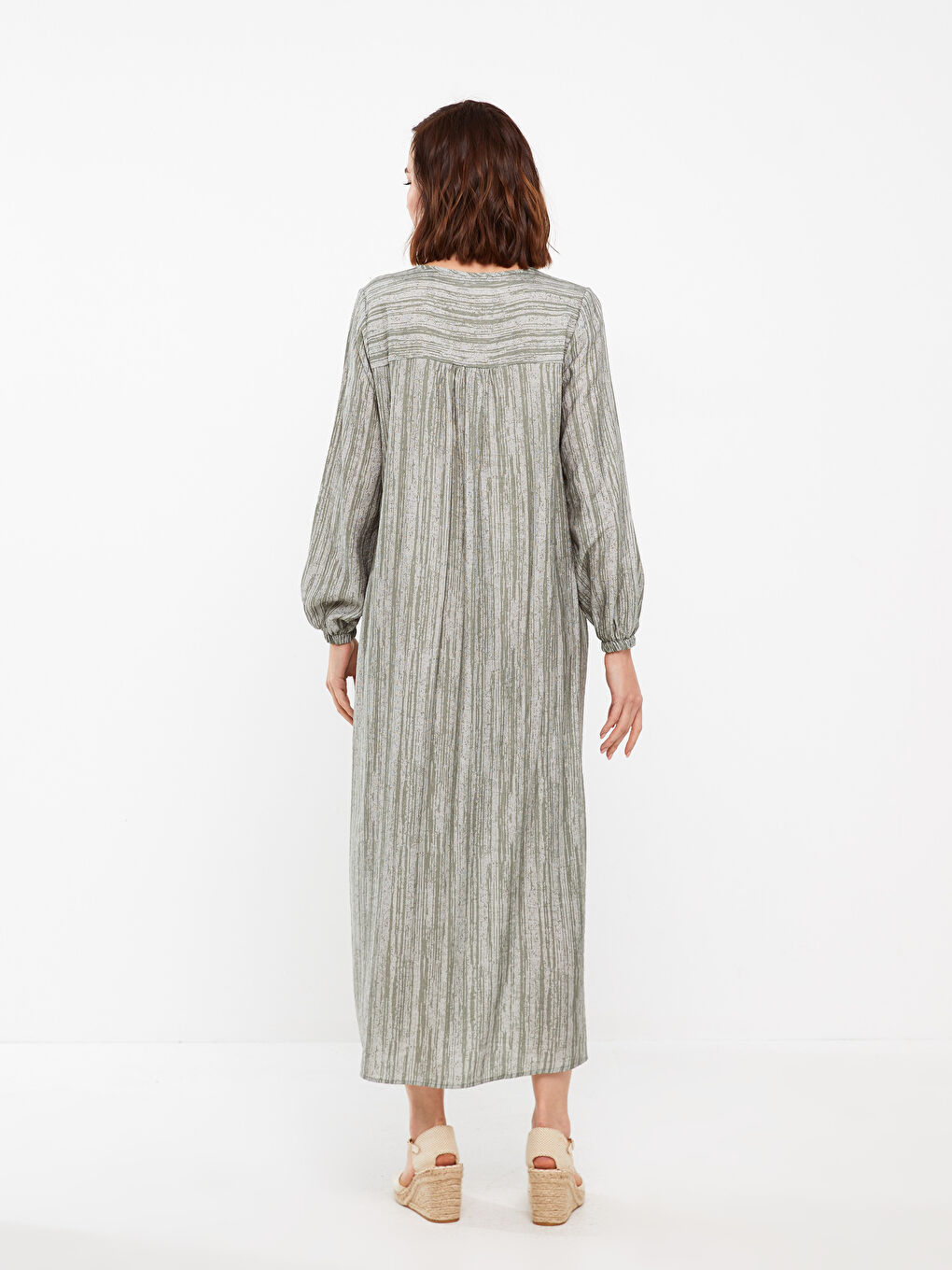 Tie Collar Patterned Long Sleeve Linen Look Women's Dress -S3FY24Z8-LGE