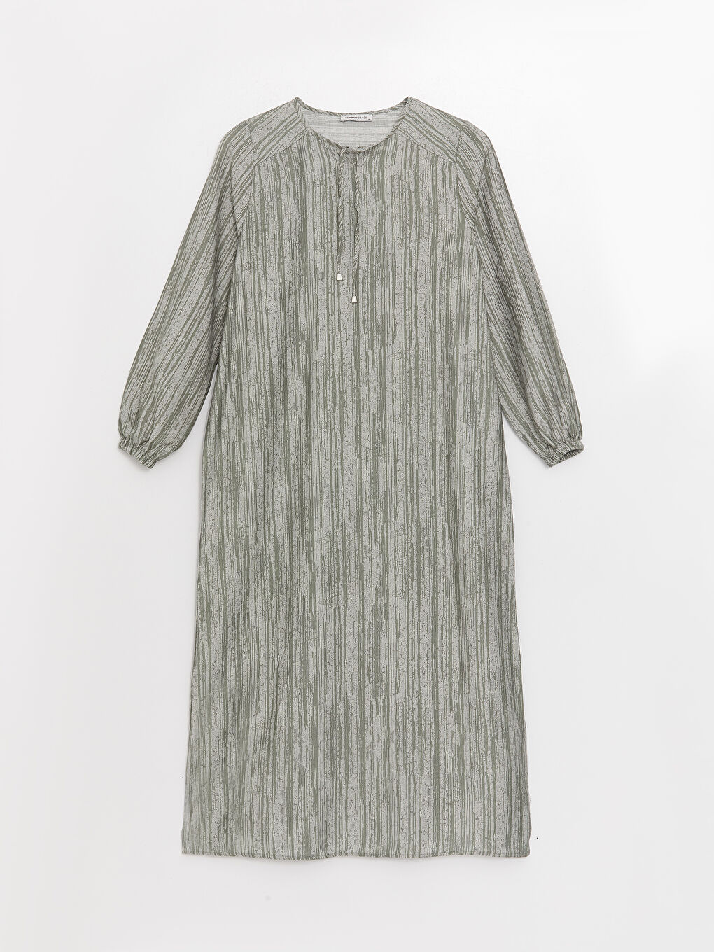 Tie Collar Patterned Long Sleeve Linen Look Women's Dress -S3FY24Z8-LGE