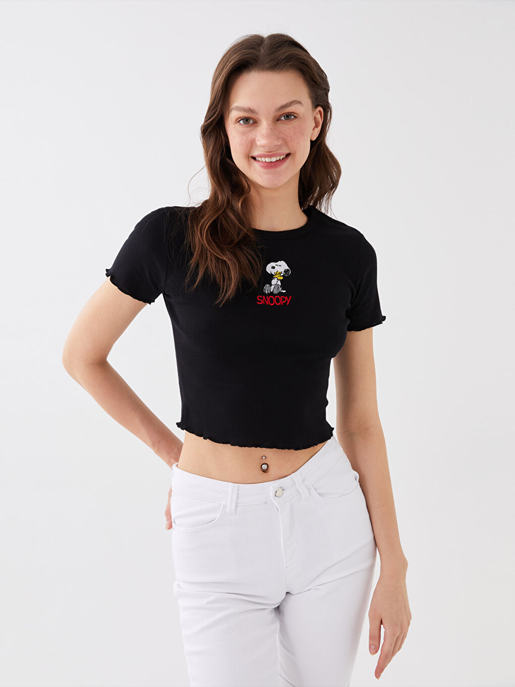 LCW Vision Crew Neck Snoopy Embroidered Women's Crop -S3FY88Z8-CVL