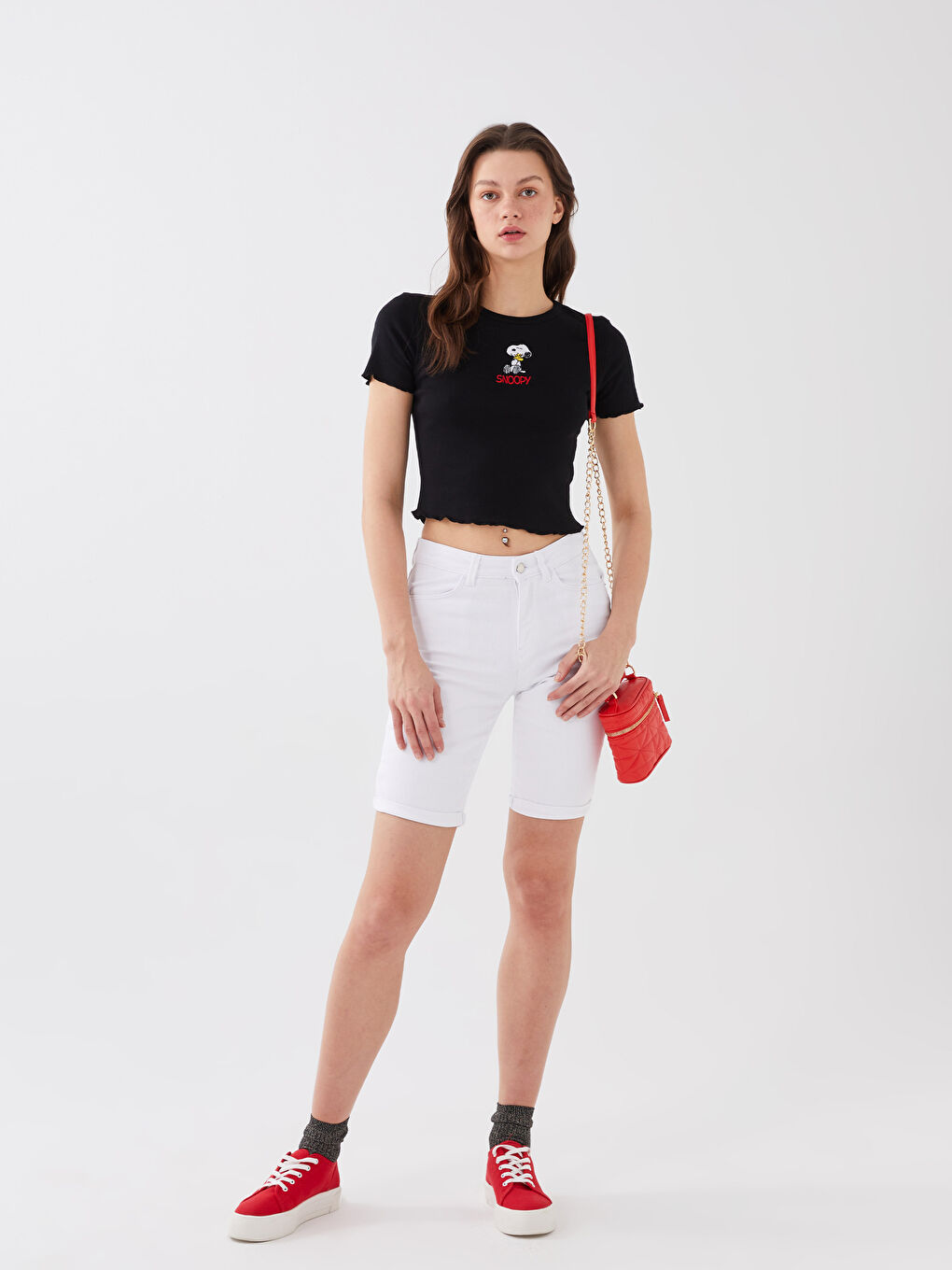 LCW Vision Crew Neck Snoopy Embroidered Women's Crop -S3FY88Z8-CVL