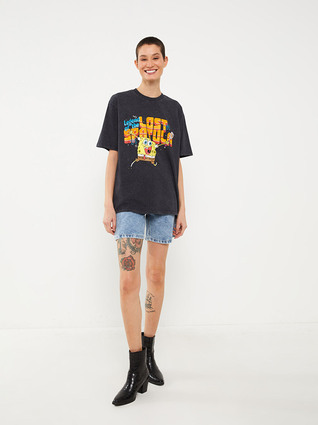 Crew Neck SpongeBob Printed Short Sleeve Oversize Women's T-Shirt-2