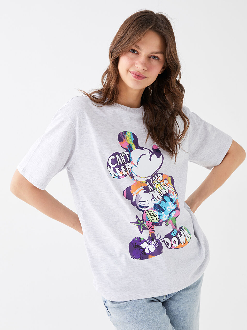 Tricou Supradimensionat pentru Femei cu Guler Rotund, Imprimat Mickey Mouse, Mânecă Scurtă