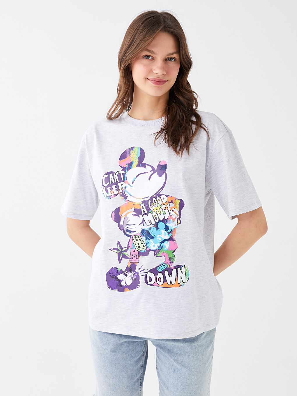 Tricou Supradimensionat pentru Femei cu Guler Rotund, Imprimat Mickey Mouse, Mânecă Scurtă-1