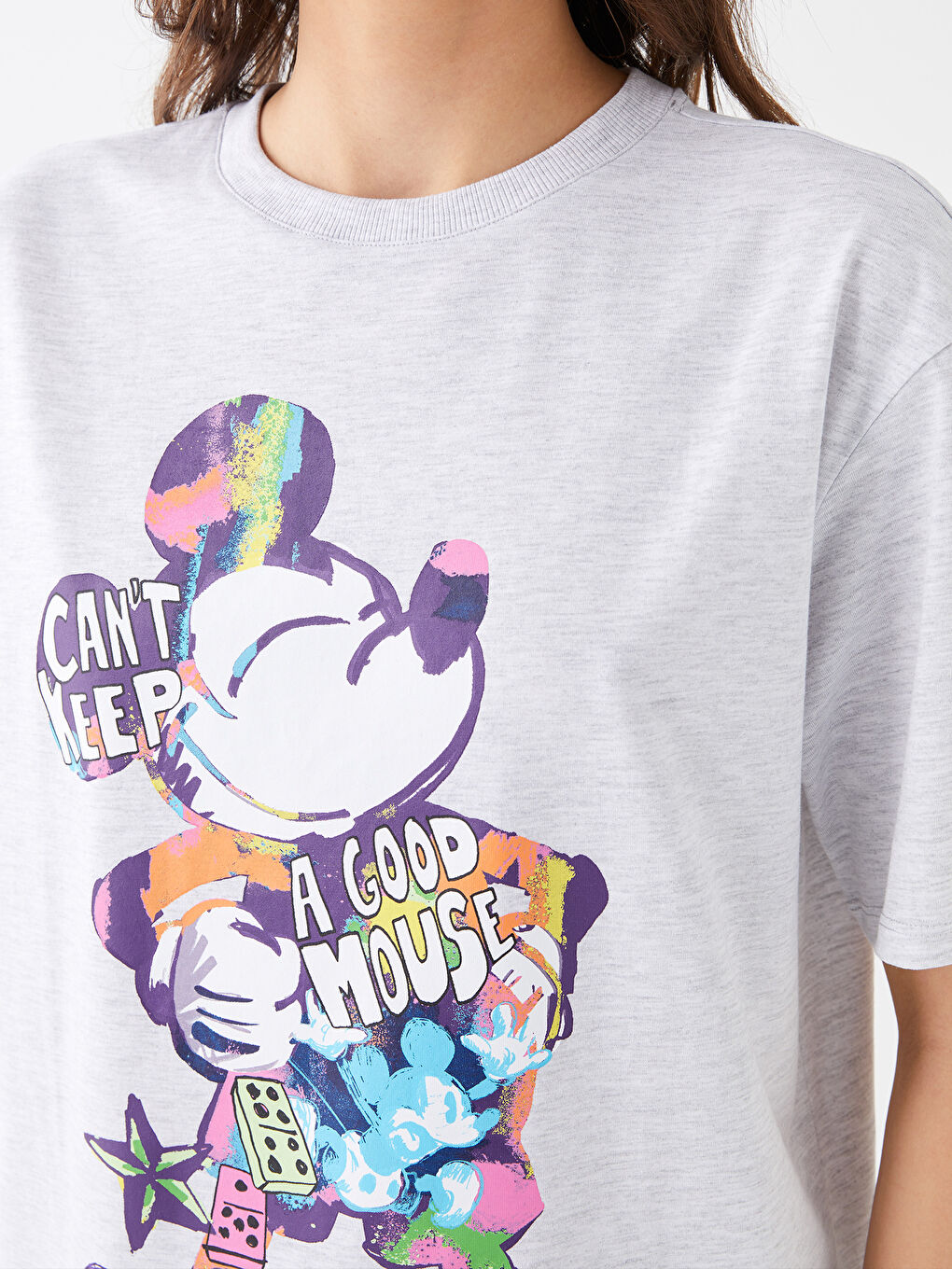 Tricou Supradimensionat pentru Femei cu Guler Rotund, Imprimat Mickey Mouse, Mânecă Scurtă-3