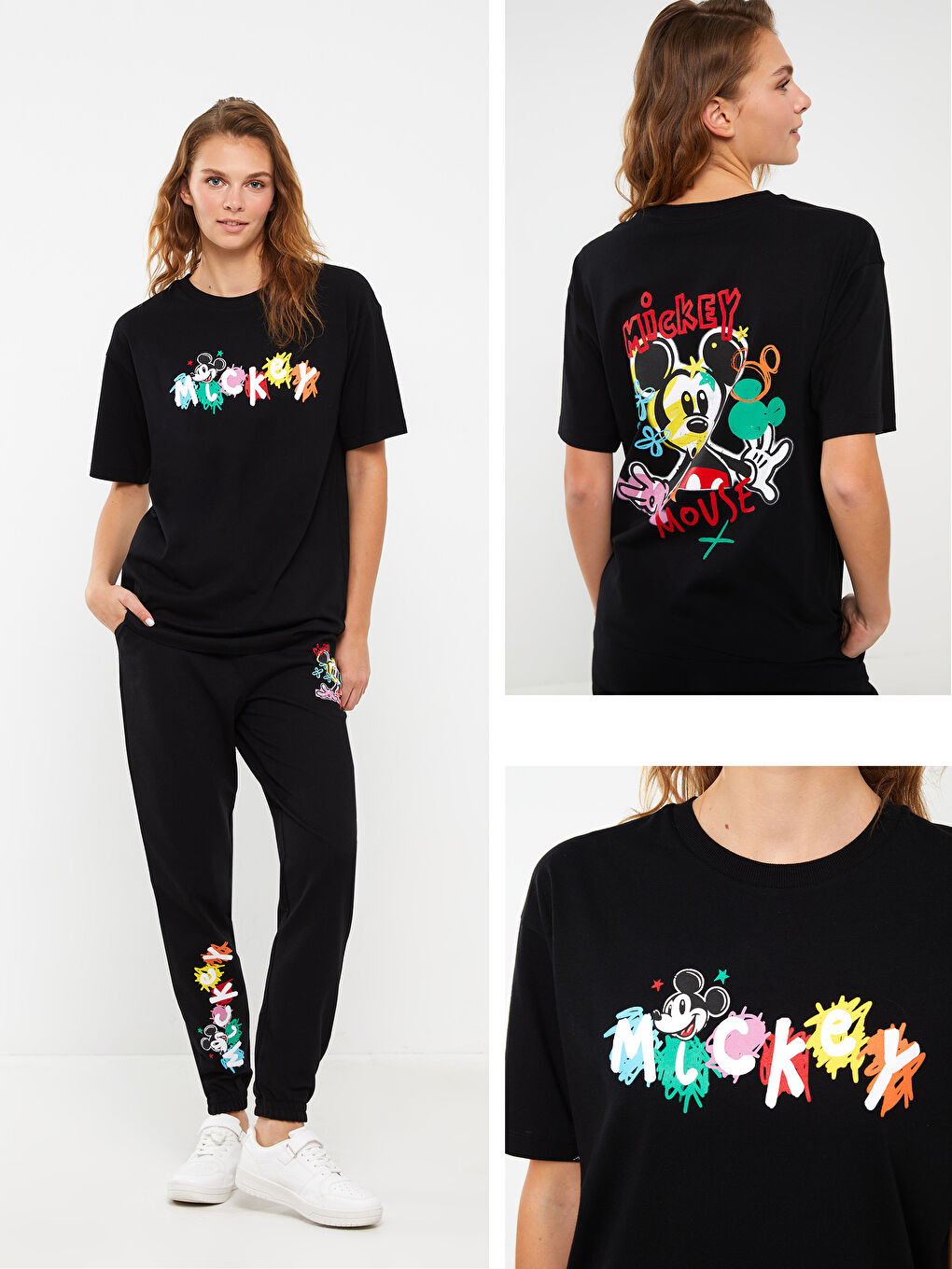 Siyah Bisiklet Yaka Mickey Mouse Baskılı Kısa Kollu Kadın Tişört